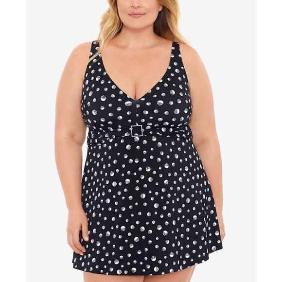 542 Swim Solutions Empire-Banded Tummy-Control Swimdress BLACK DOT sz 20W new - Picture 1 of 2